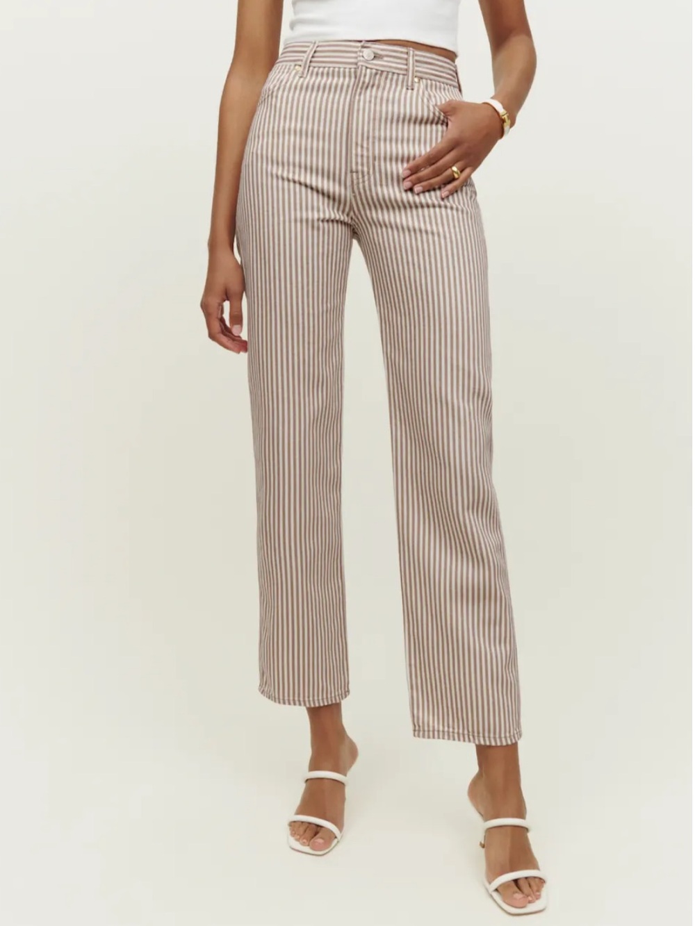 Reformation Tan and White Cowboy Stripe High Waist Straight Leg Jeans Size 24